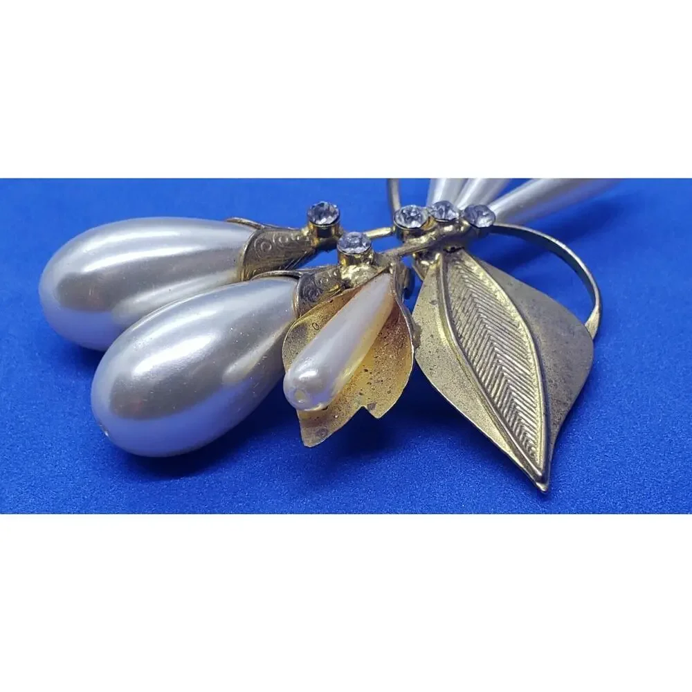 Antique Art Nouveau Brooch Big Faux Pearl & Calla Lily Flowers Gold leaves